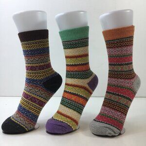 Womens Crew Socks Set 3 Fair Isle Nordic Pattern Gray Yellow Orange Black Green